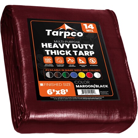 Tarpco Safety Heavy Duty Tarp, 6 ft x 8 ft, 14 Mil, Maroon, Polyethylene, Waterproof, Rip and Tear Proof TS-107-6X8